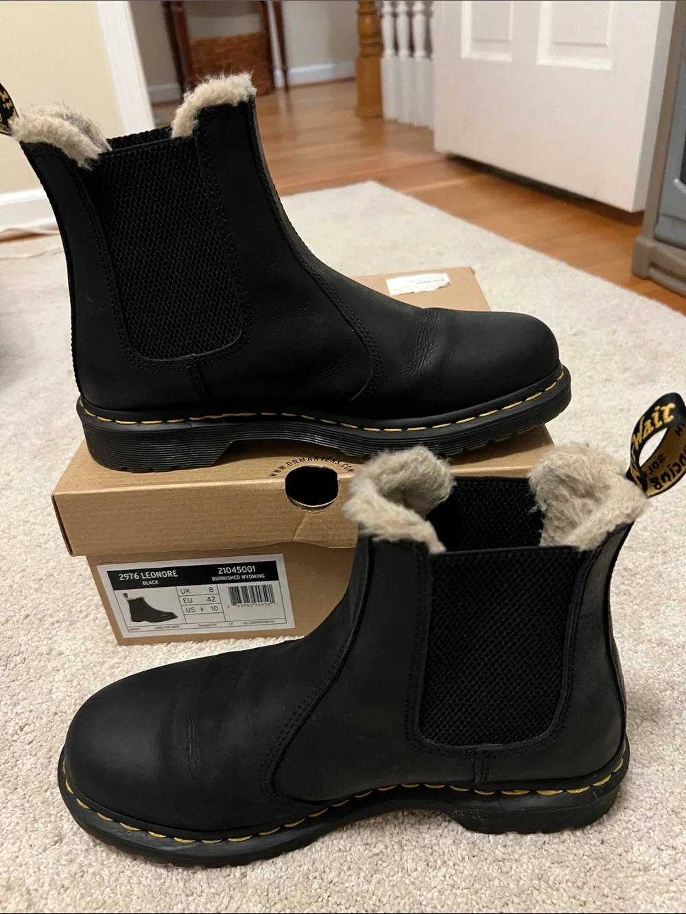 Dr. Martens Black Leather Lenore Boots with Shearling Lining & Collar